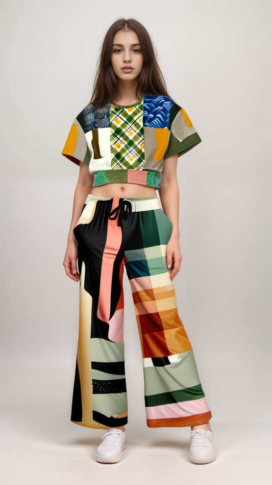 Sweet Clementine Abstract Plaid Stripe Eco-Poly Wide Leg Pants