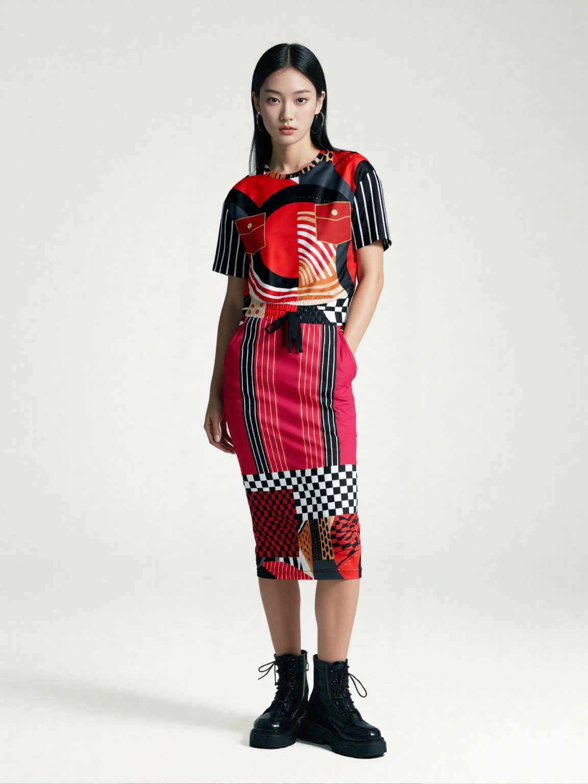 Switch Me Black in Pinstripe Eco-Poly Long Pocket Skirt