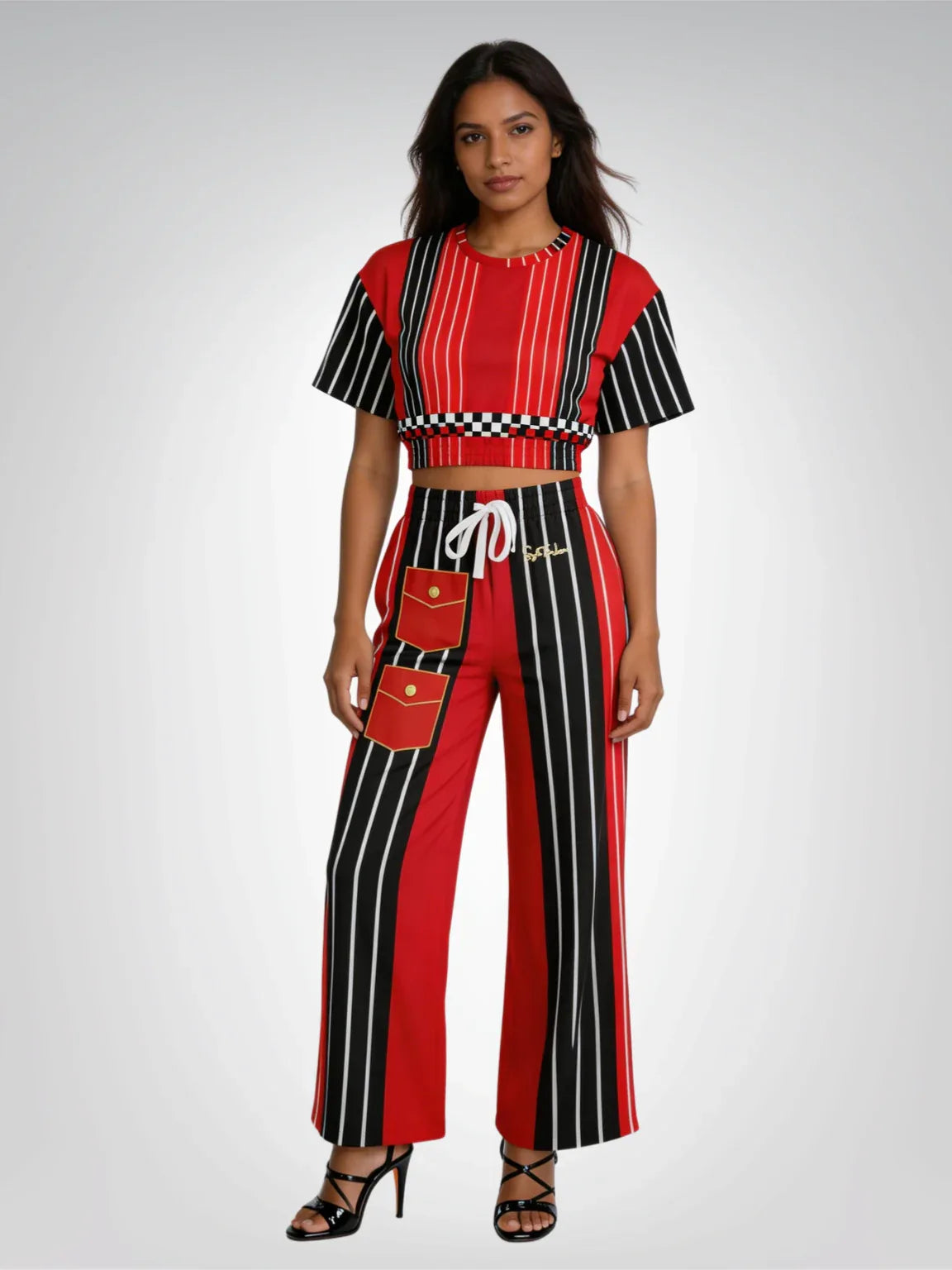 Switch Me Black in Pinstripe Checkers Eco-Poly Short Sleeve Cropped Pullover