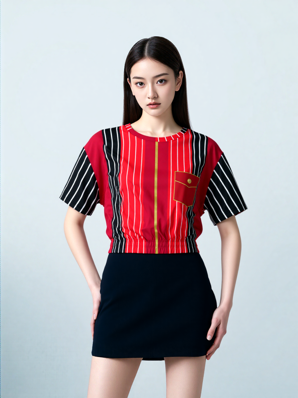 Switch Me Black in Pinstripes Eco-Poly Short Sleeve Cropped Pullover