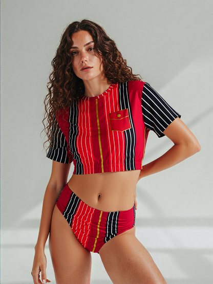 Switch Me Black in Pinstripes Eco-Poly Short Sleeve Cropped Pullover