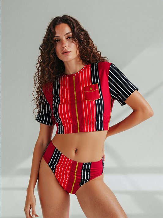 Switch Me Black in Pinstripes Eco-Poly Short Sleeve Cropped Pullover