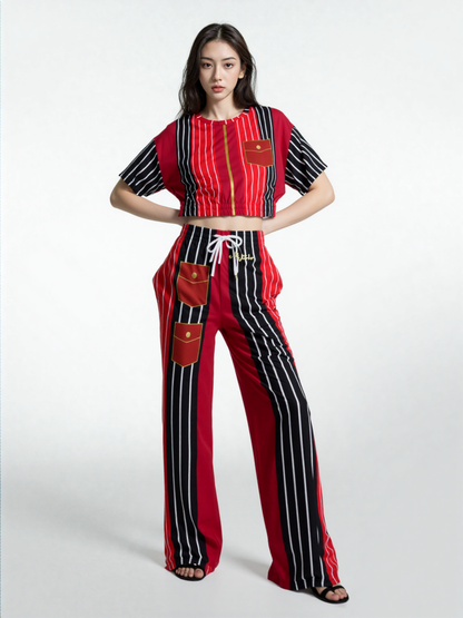 Switch Me Black in Pinstripes Eco-Poly Short Sleeve Cropped Pullover