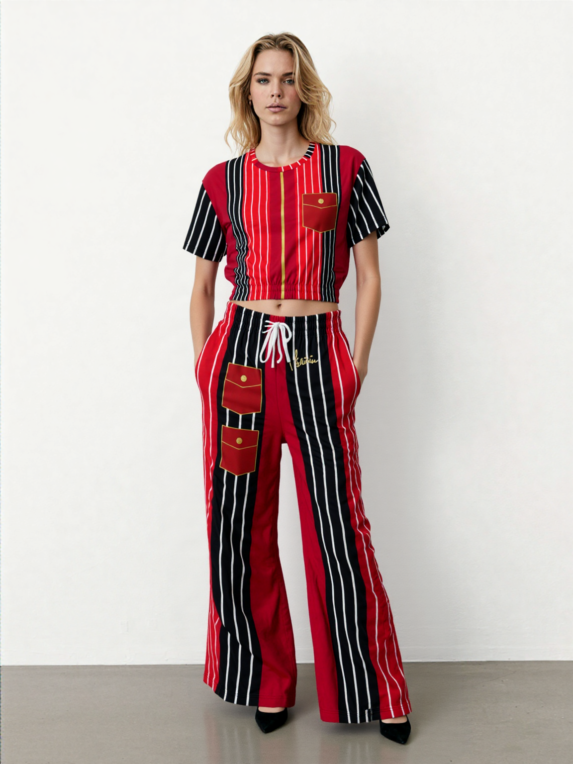 Switch Me Black in Pinstripes Eco-Poly Short Sleeve Cropped Pullover