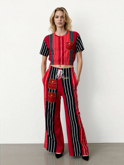 Switch Me Black in Pinstripes Eco-Poly Short Sleeve Cropped Pullover