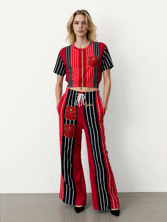 Switch Me Black in Pinstripes Eco-Poly Short Sleeve Cropped Pullover