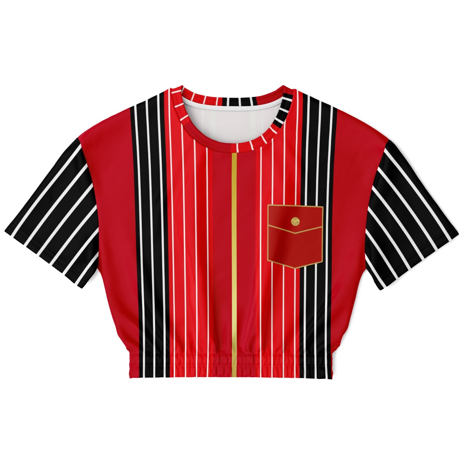 Switch Me Black in Pinstripes Eco-Poly Short Sleeve Cropped Pullover