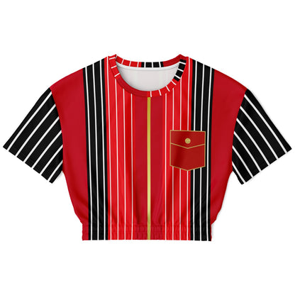 Switch Me Black in Pinstripes Eco-Poly Short Sleeve Cropped Pullover