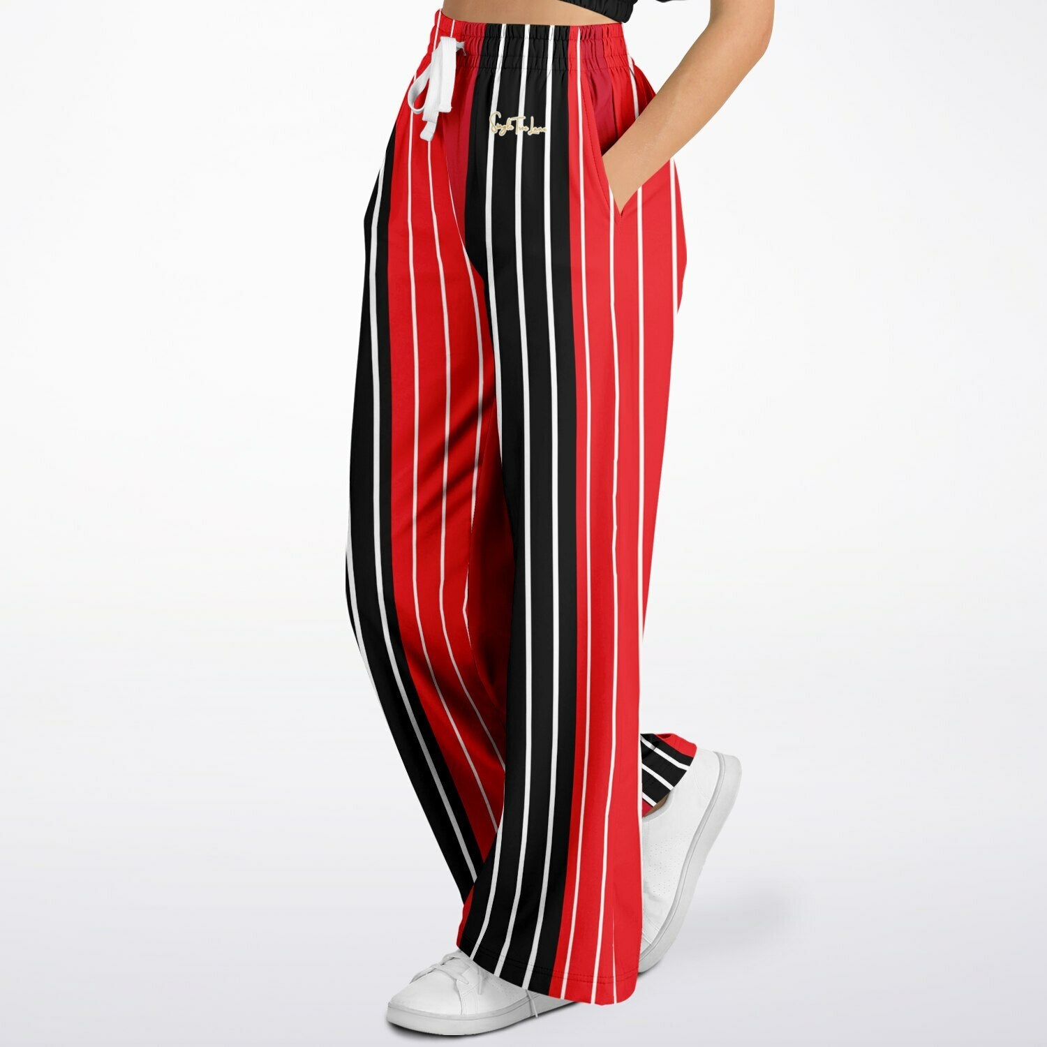 Switch Me Black in Pinstripe Eco-Poly Wide Leg Pants