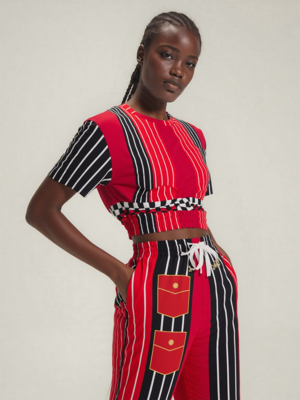 Switch Me Black in Pinstripe Checkers Eco-Poly Short Sleeve Cropped Pullover