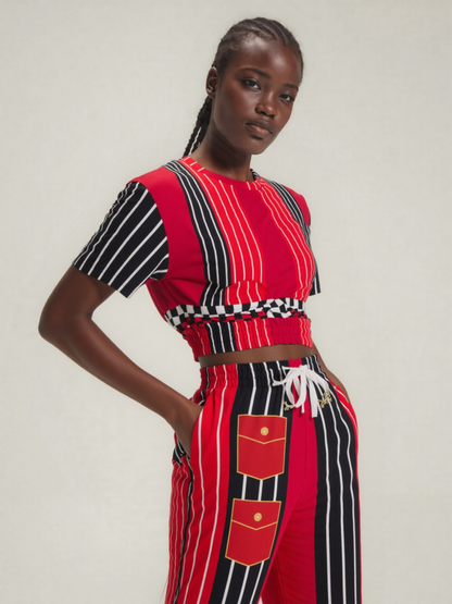 Switch Me Black in Pinstripe Checkers Eco-Poly Short Sleeve Cropped Pullover