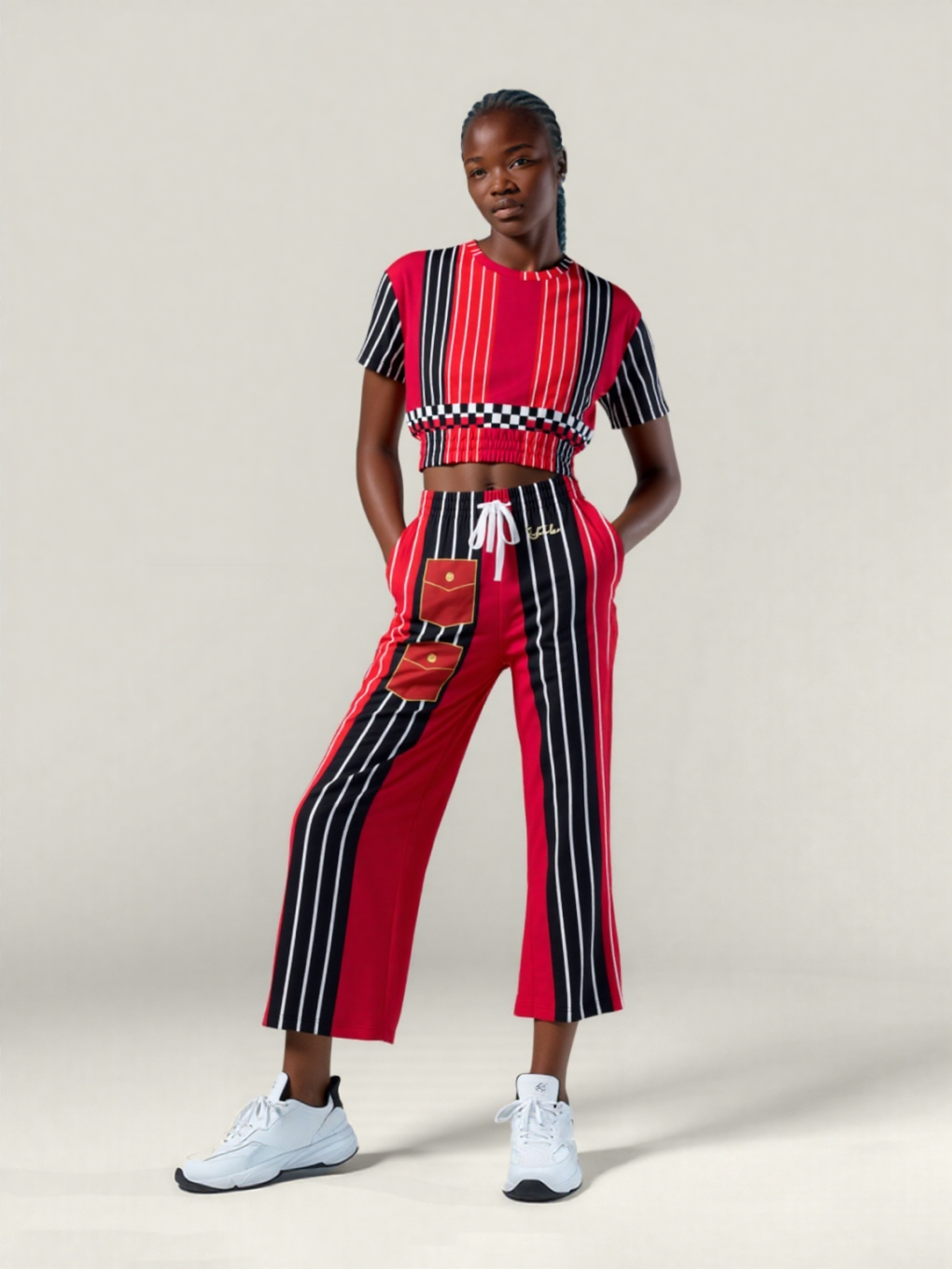 Switch Me Black in Pinstripe Checkers Eco-Poly Short Sleeve Cropped Pullover