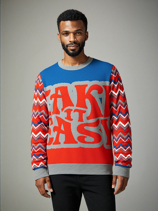 Take it Easy in Blue and Red Knitted Crewneck Sweater