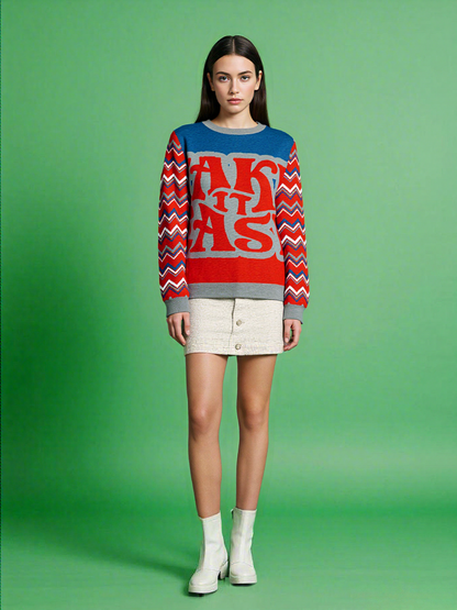 Take it Easy in Blue and Red Knitted Crewneck Sweater