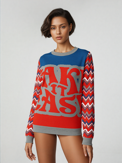Take it Easy in Blue and Red Knitted Crewneck Sweater