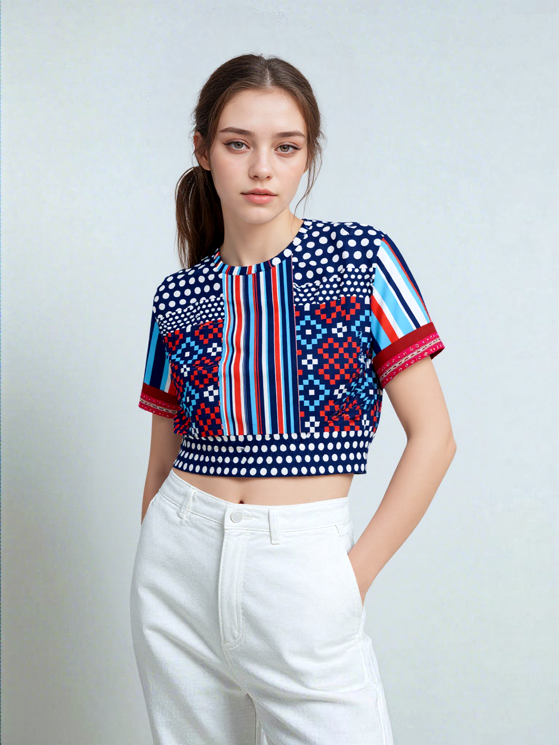 Tale of Two Cities Polka Dot Abstract Print Eco-Poly Short Sleeve Cropped Pullover