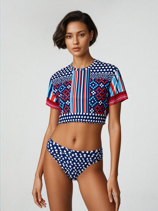 Tale of Two Cities Polka Dot Abstract Print Eco-Poly Short Sleeve Cropped Pullover