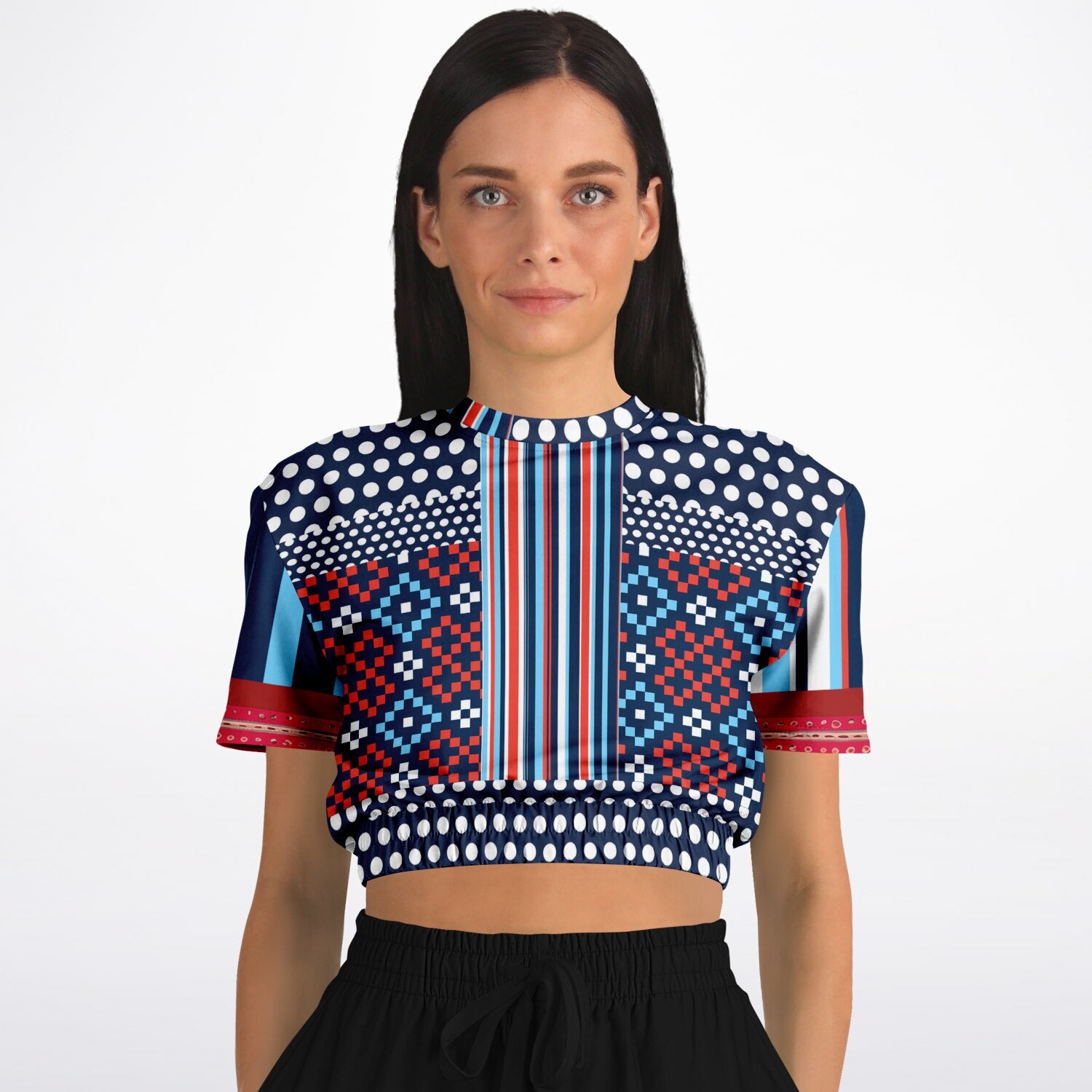 Tale of Two Cities Polka Dot Abstract Print Eco-Poly Short Sleeve Cropped Pullover