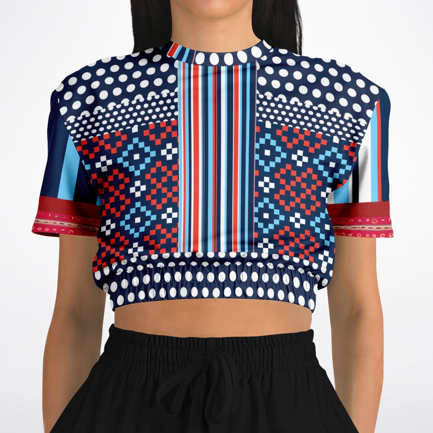 Tale of Two Cities Polka Dot Abstract Print Eco-Poly Short Sleeve Cropped Pullover