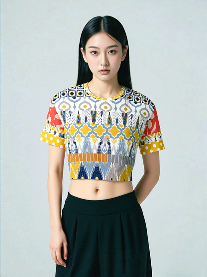 Tallulah Bankhead Elevate Patchwork Short Sleeve Cropped Eco-Poly Sweater