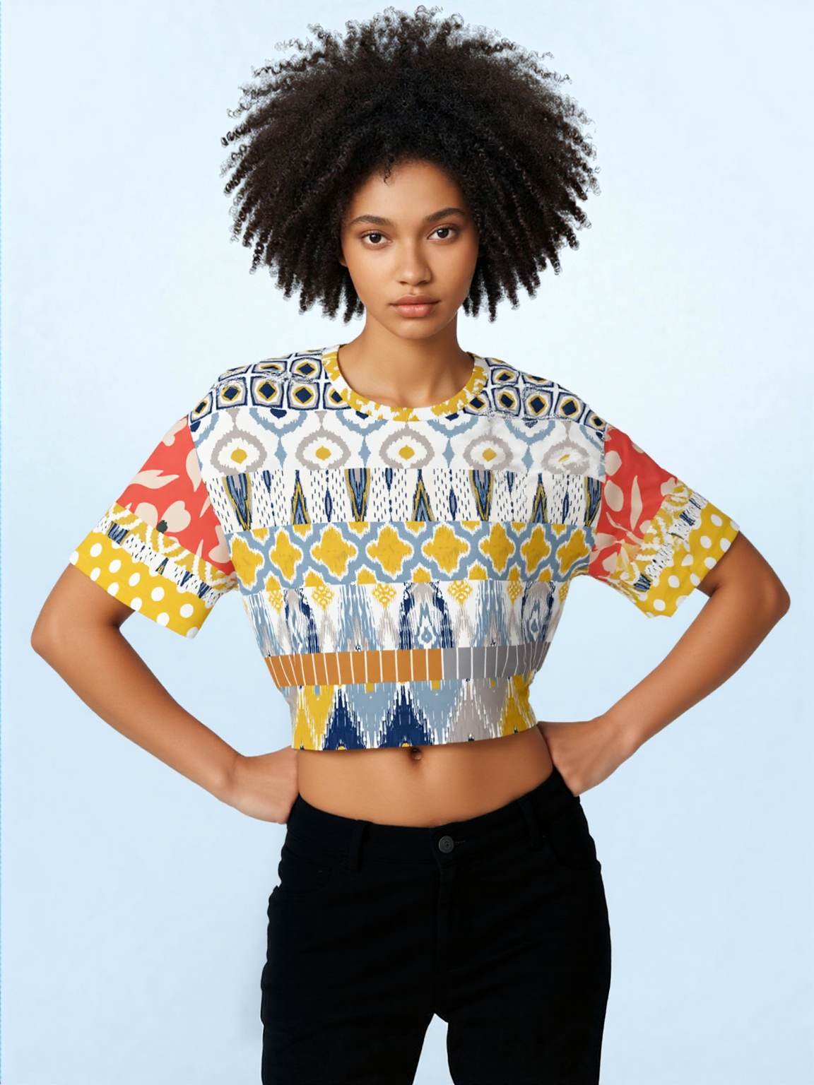 Tallulah Bankhead Elevate Patchwork Short Sleeve Cropped Eco-Poly Sweater