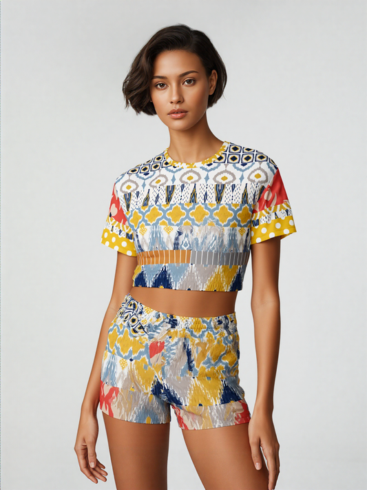 Tallulah Bankhead Elevate Patchwork Short Sleeve Cropped Eco-Poly Sweater