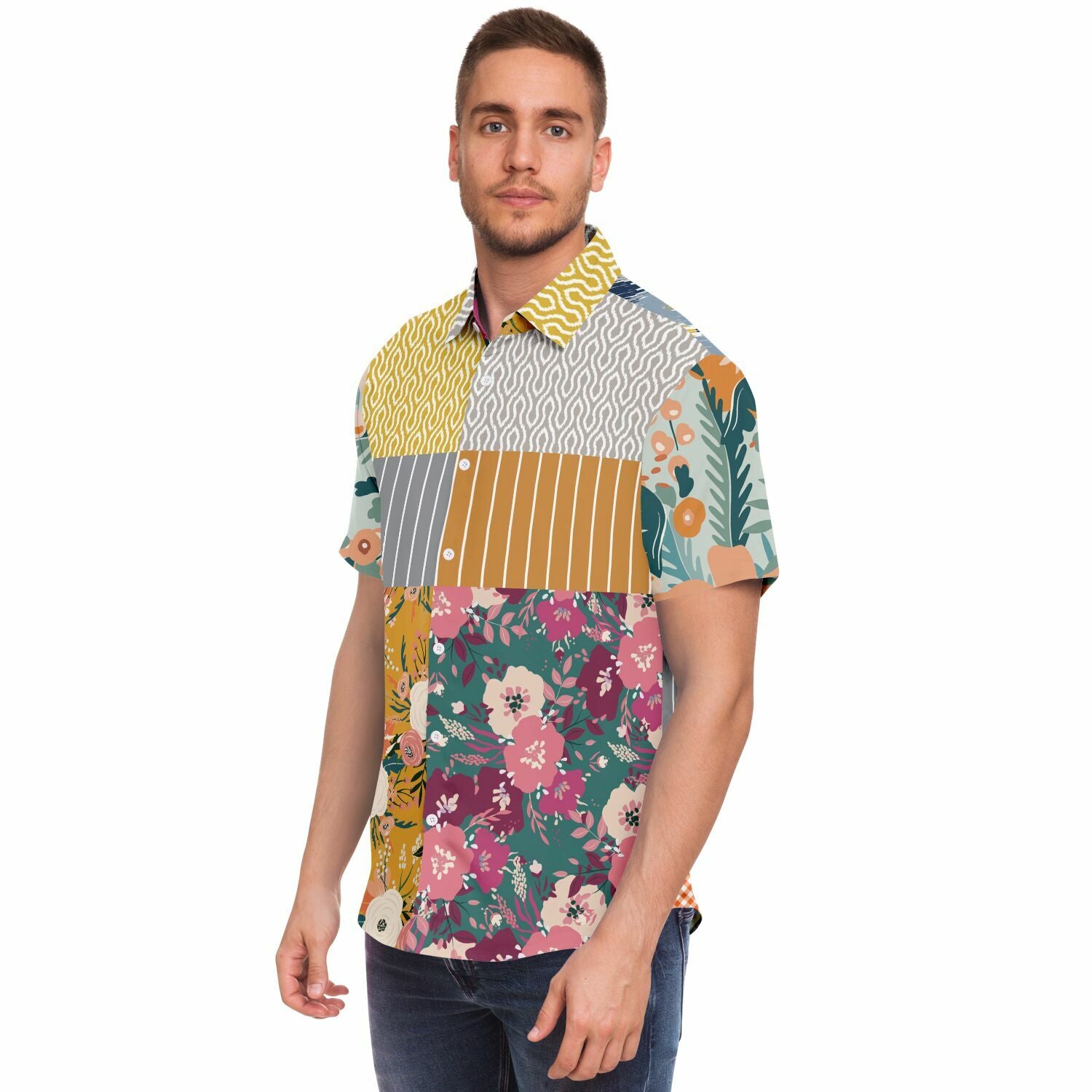 Tallulah Bankhead Floral Ikat Patchwork Short Sleeve Button Down Shirt