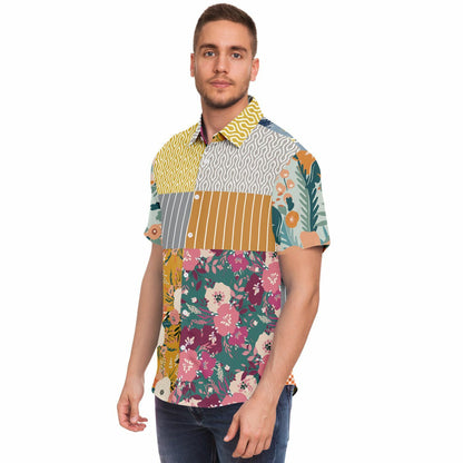 Tallulah Bankhead Floral Ikat Patchwork Short Sleeve Button Down Shirt