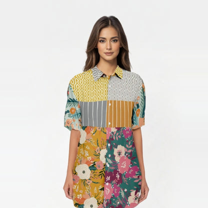 Tallulah Bankhead Floral Ikat Patchwork Short Sleeve Button Down Shirt