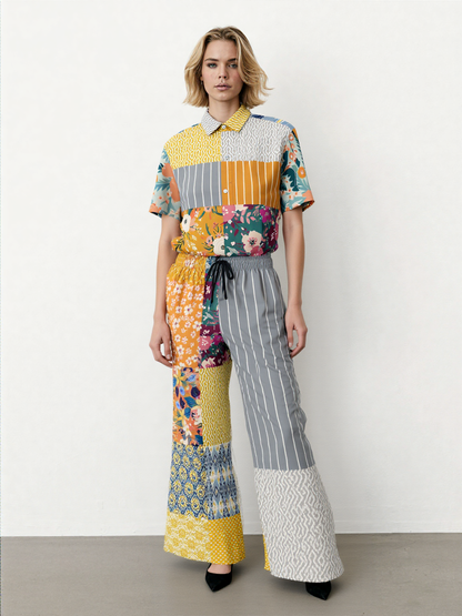 Tallulah Bankhead Floral Ikat Patchwork Short Sleeve Button Down Shirt