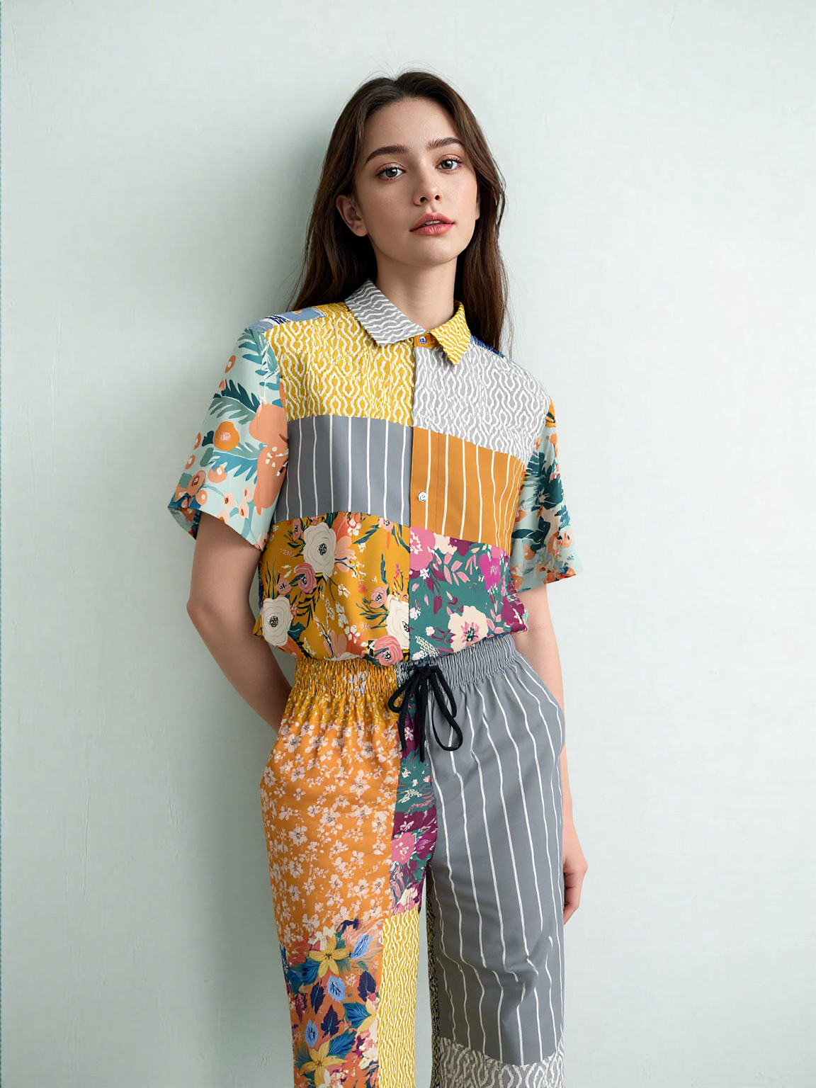 Tallulah Bankhead Floral Ikat Patchwork Short Sleeve Button Down Shirt