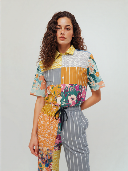 Tallulah Bankhead Floral Ikat Patchwork Short Sleeve Button Down Shirt