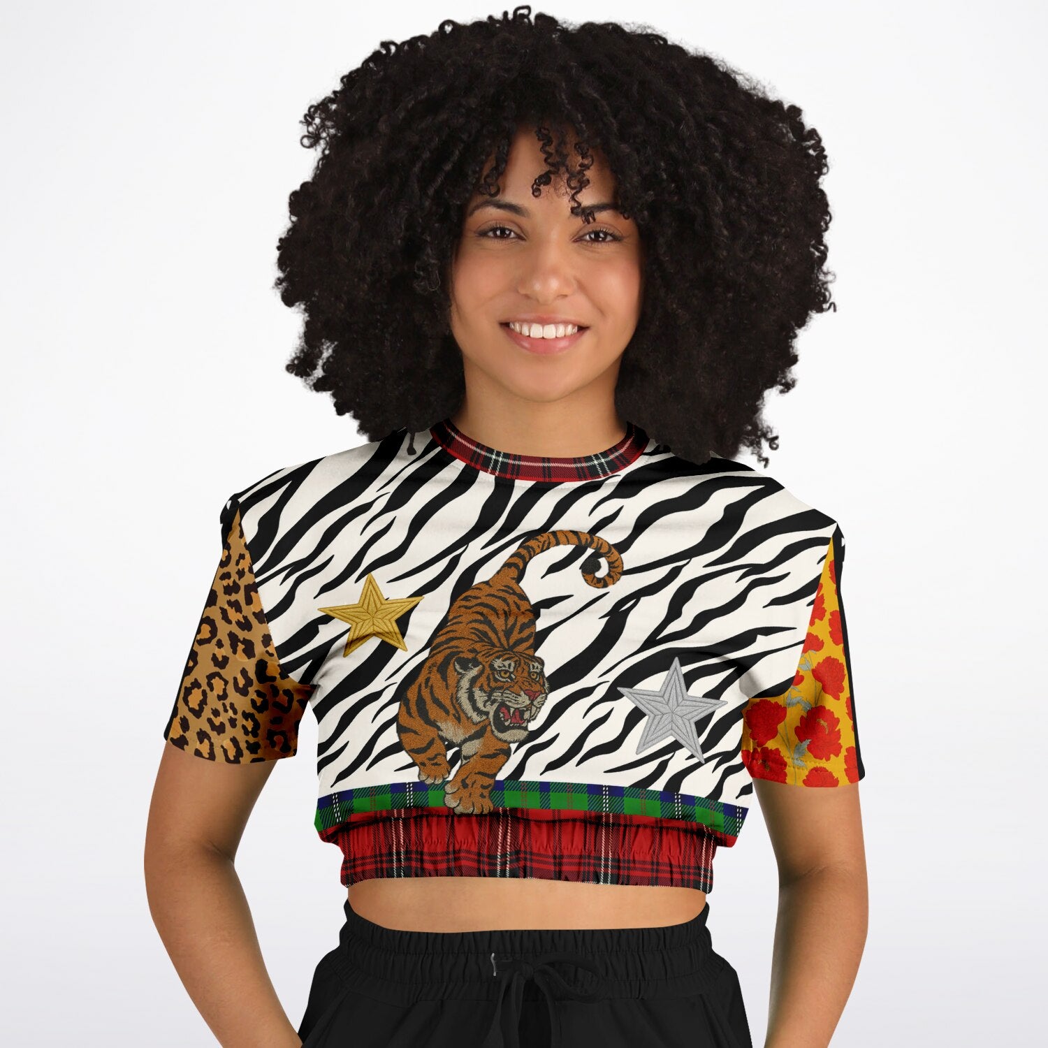 Tartan is the New Camo Tiger Print Eco-Poly Short Sleeve Cropped Pullover