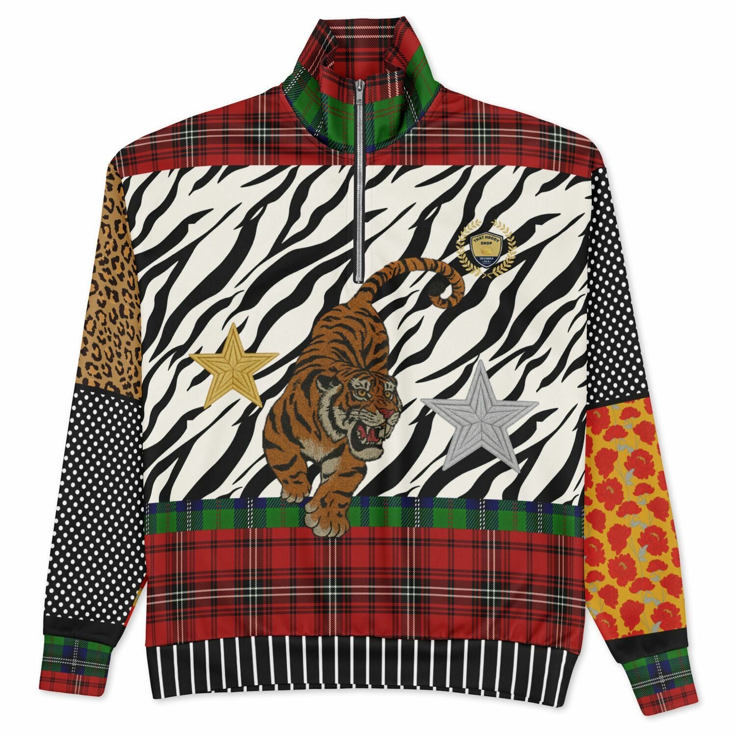 Tartan is the New Camo in Duo Plaid Tiger Print Heavyweight Oversized Quarter Zip Sweatshirt
