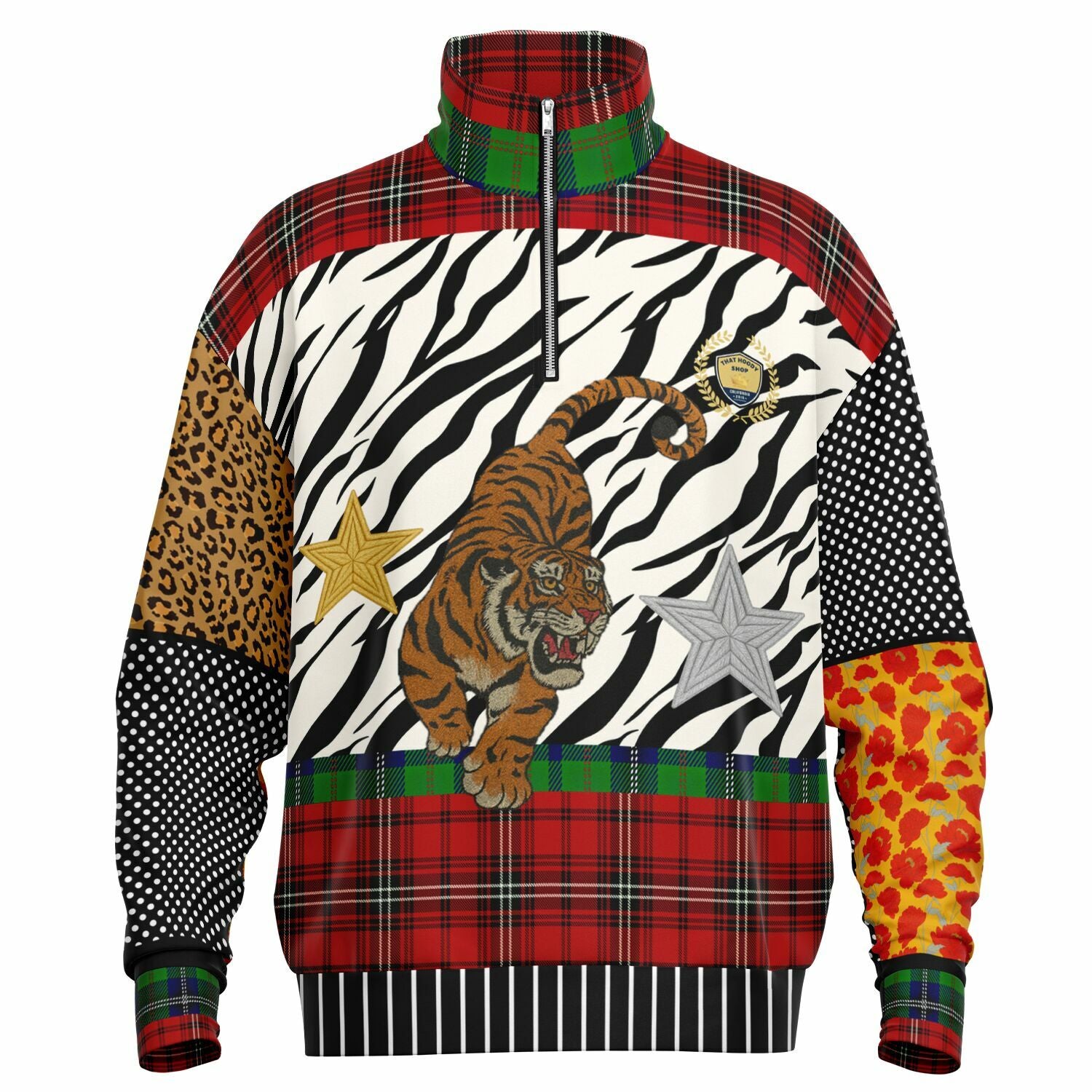Tartan is the New Camo in Duo Plaid Tiger Print Heavyweight Oversized Quarter Zip Sweatshirt
