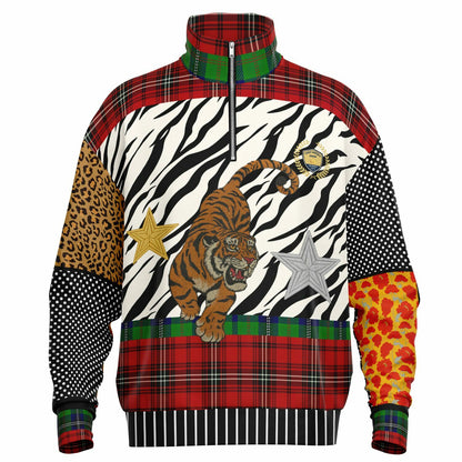 Tartan is the New Camo in Duo Plaid Tiger Print Heavyweight Oversized Quarter Zip Sweatshirt