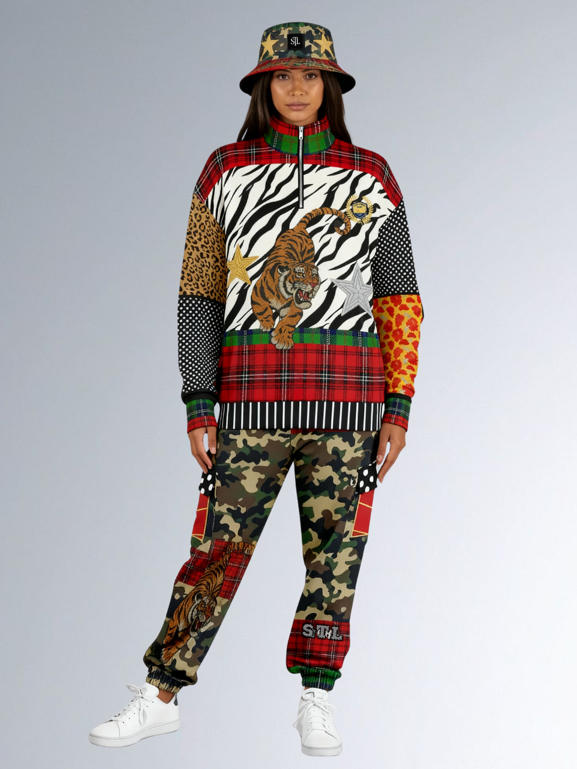 Tartan is the New Camo in Duo Plaid Tiger Print Eco-Poly Cargo Joggers