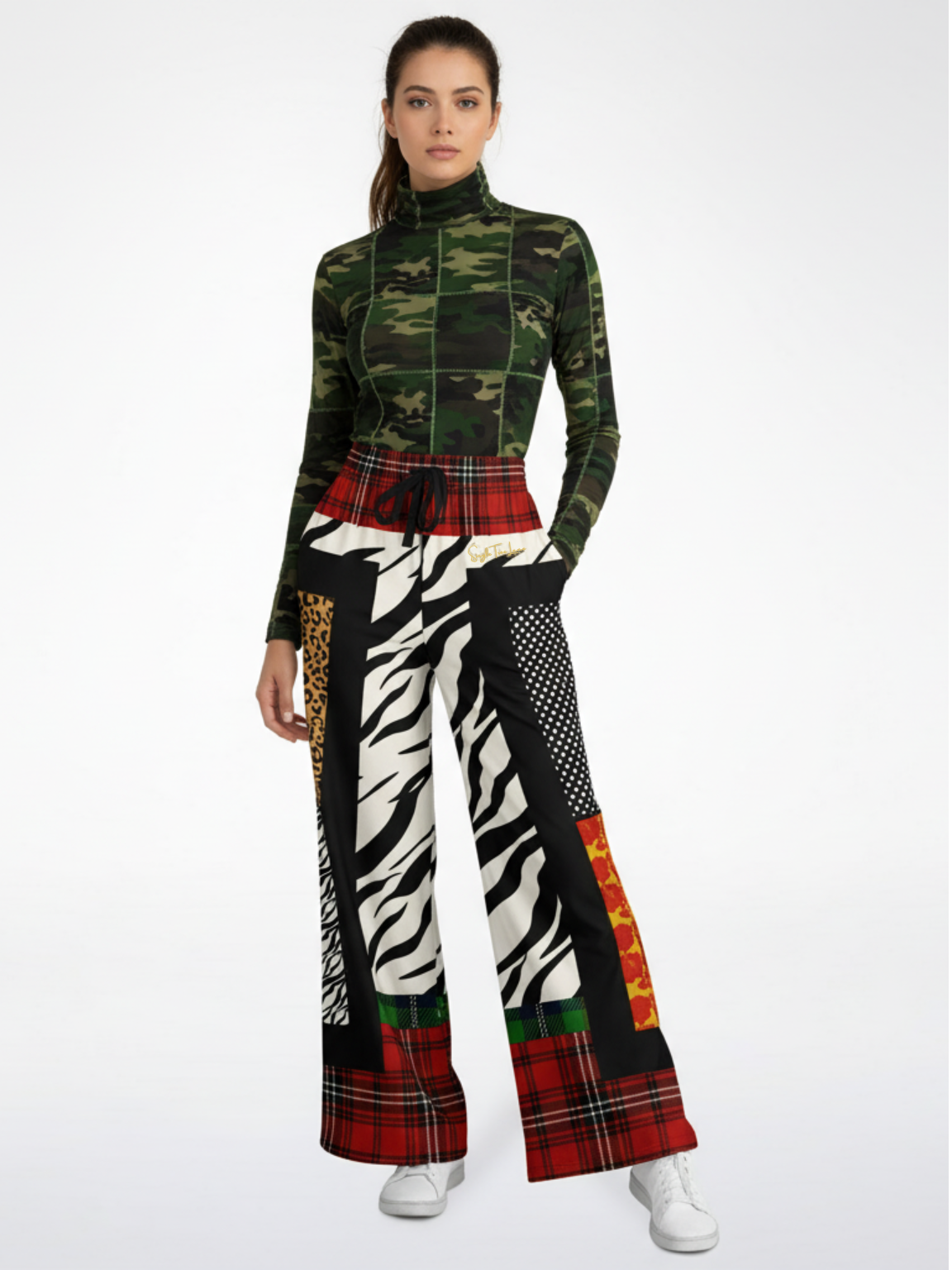 Tartan is the New Camo in Zebra Patchwork Eco-Poly Wide Leg Pants
