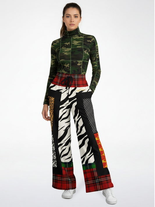Tartan is the New Camo in Zebra Patchwork Eco-Poly Wide Leg Pants