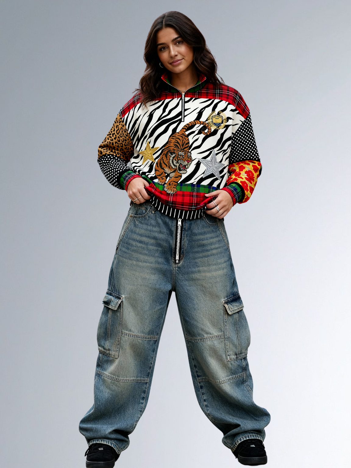 Tartan is the New Camo in Duo Plaid Tiger Print Heavyweight Oversized Quarter Zip Sweatshirt