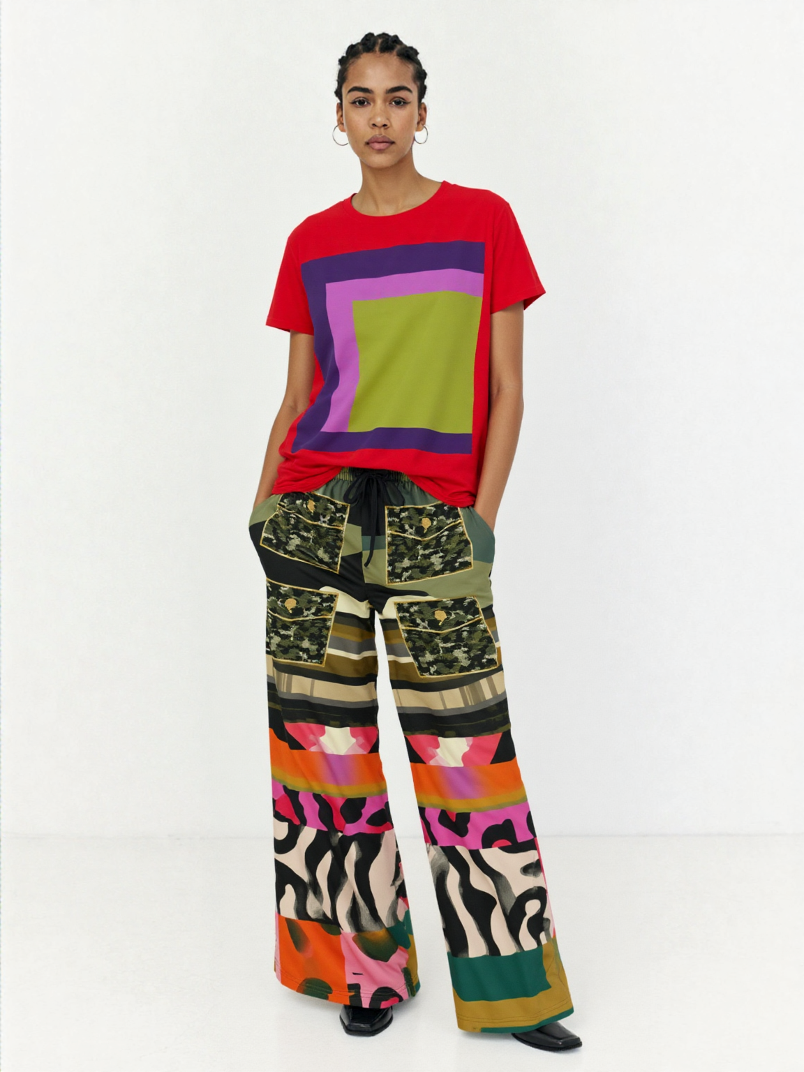 Faces of Medusa Patchwork Print Eco-Poly Wide Leg Pants