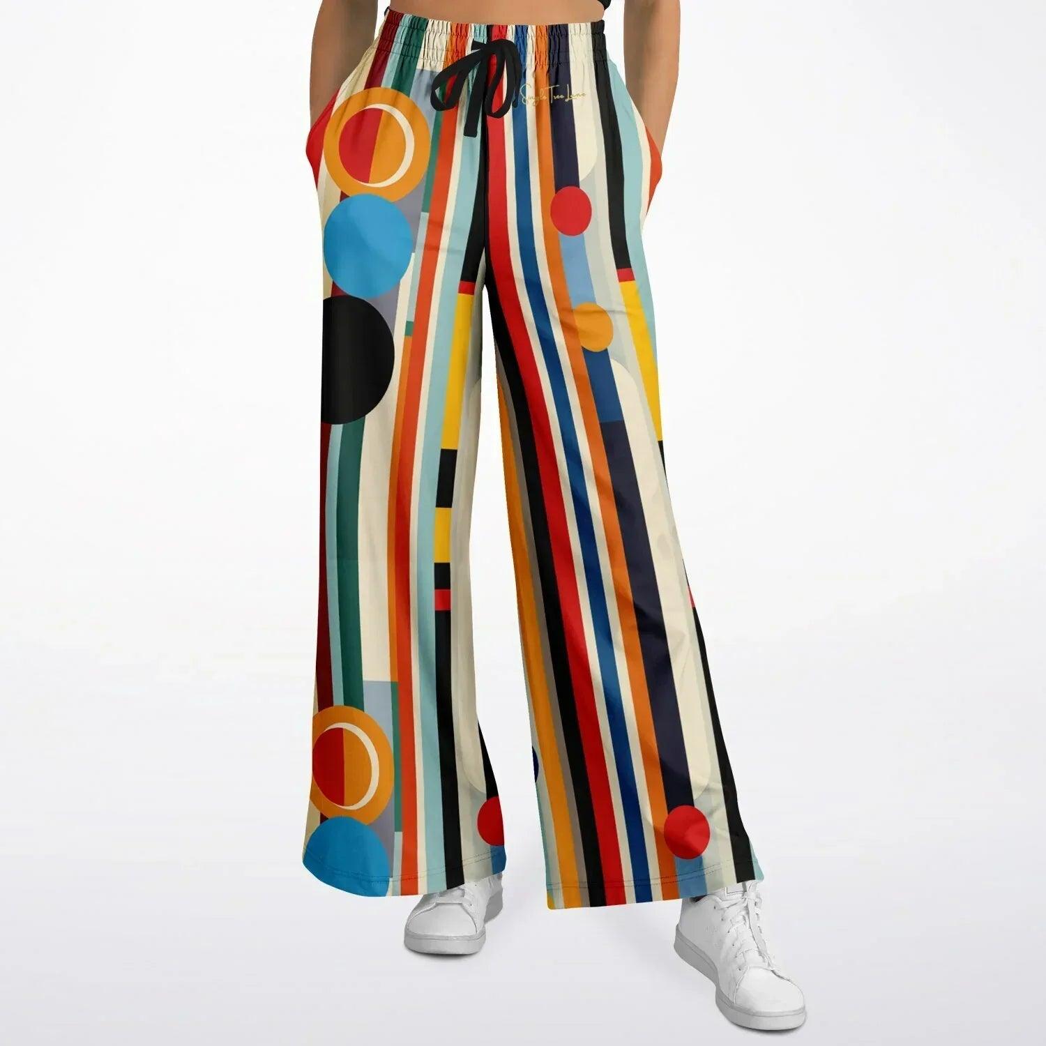 The More Cowbell Girl Retro Chic Striped l Wide Leg Pants with colorful stripes, geometric circle print, and drawstring elastic waist