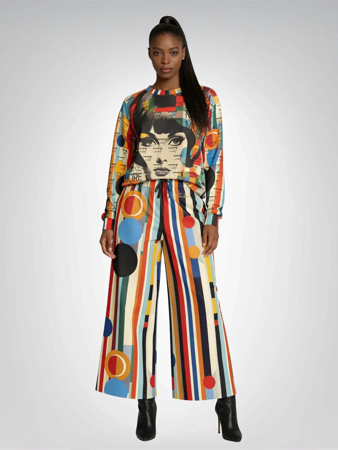 The More Cowbell Girl Retro Chic Striped Wide Leg Pants paired with pop art graphic sweatshirt