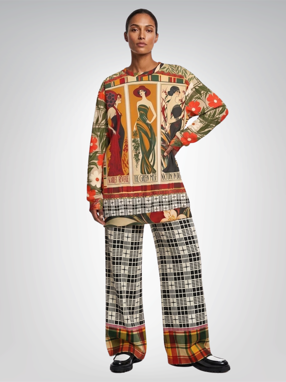 The Three Muses in New Plaid Eco-Poly Wide Leg Pants