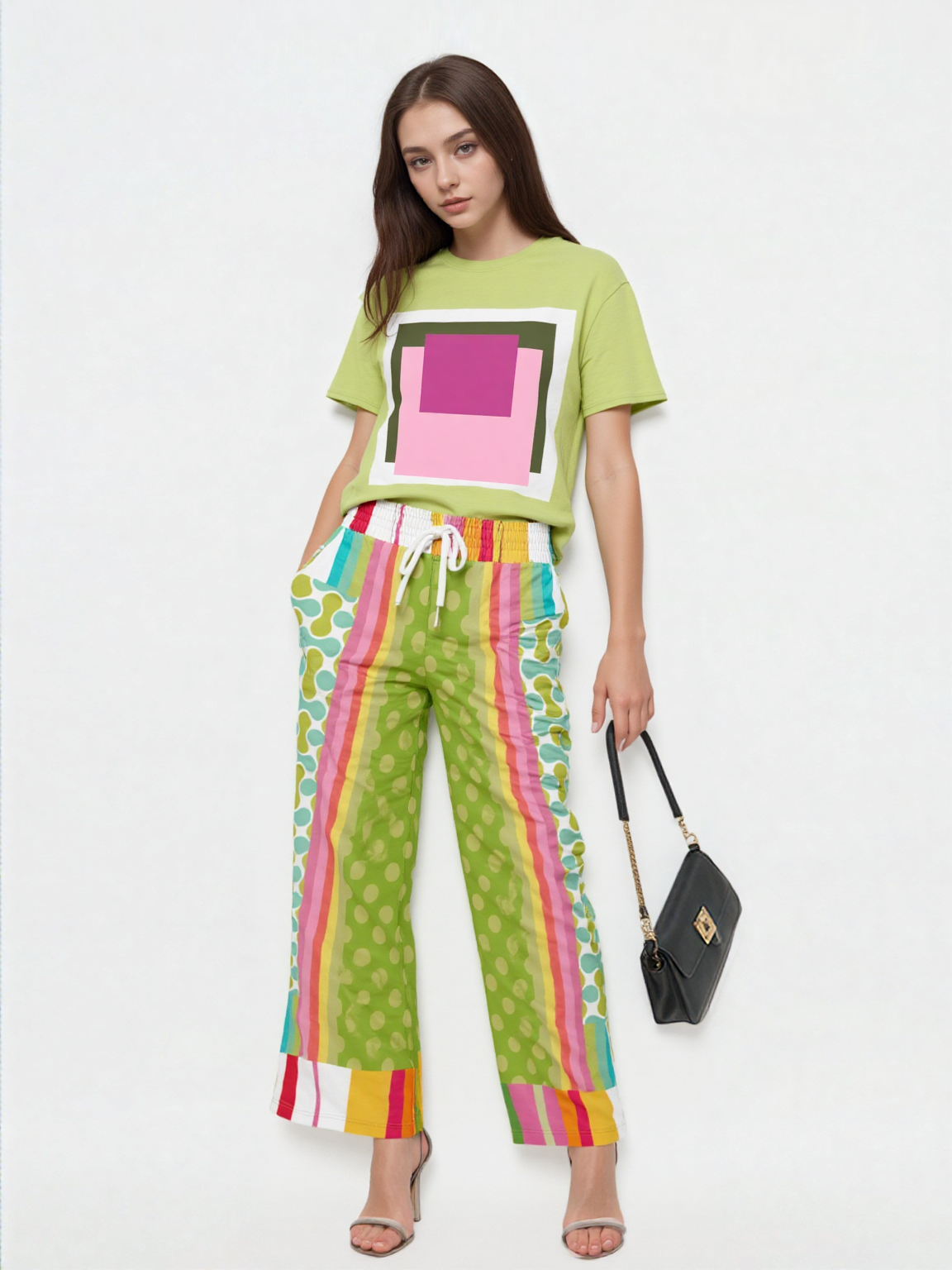 Green Anjou Pear Hobo Patchwork Eco-Poly Wide Leg Pants