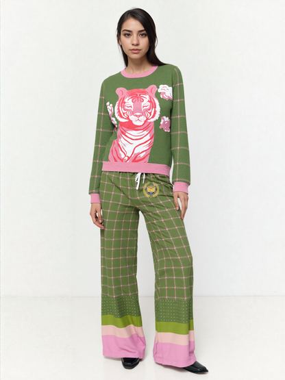 Hopscotch in Green Windowpane Plaid Eco-Poly Wide Leg Pants
