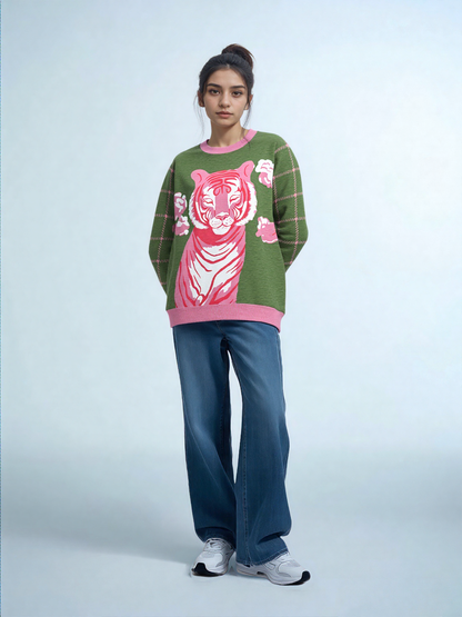 Tiger at Peace in Green Hopscotch Windowpane Knitted Crewneck Sweater