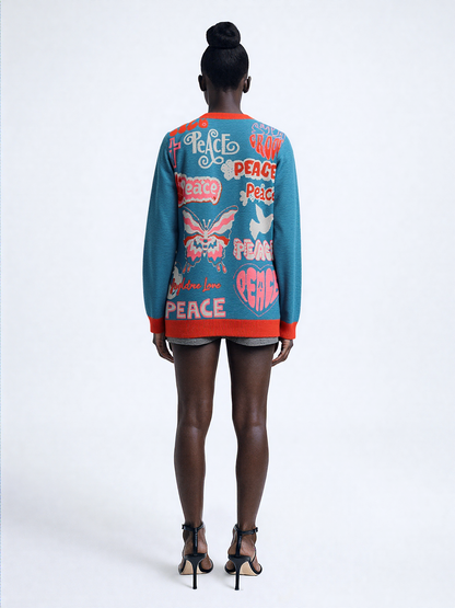 Tiger at Peace in Teal Knitted Crewneck Sweater