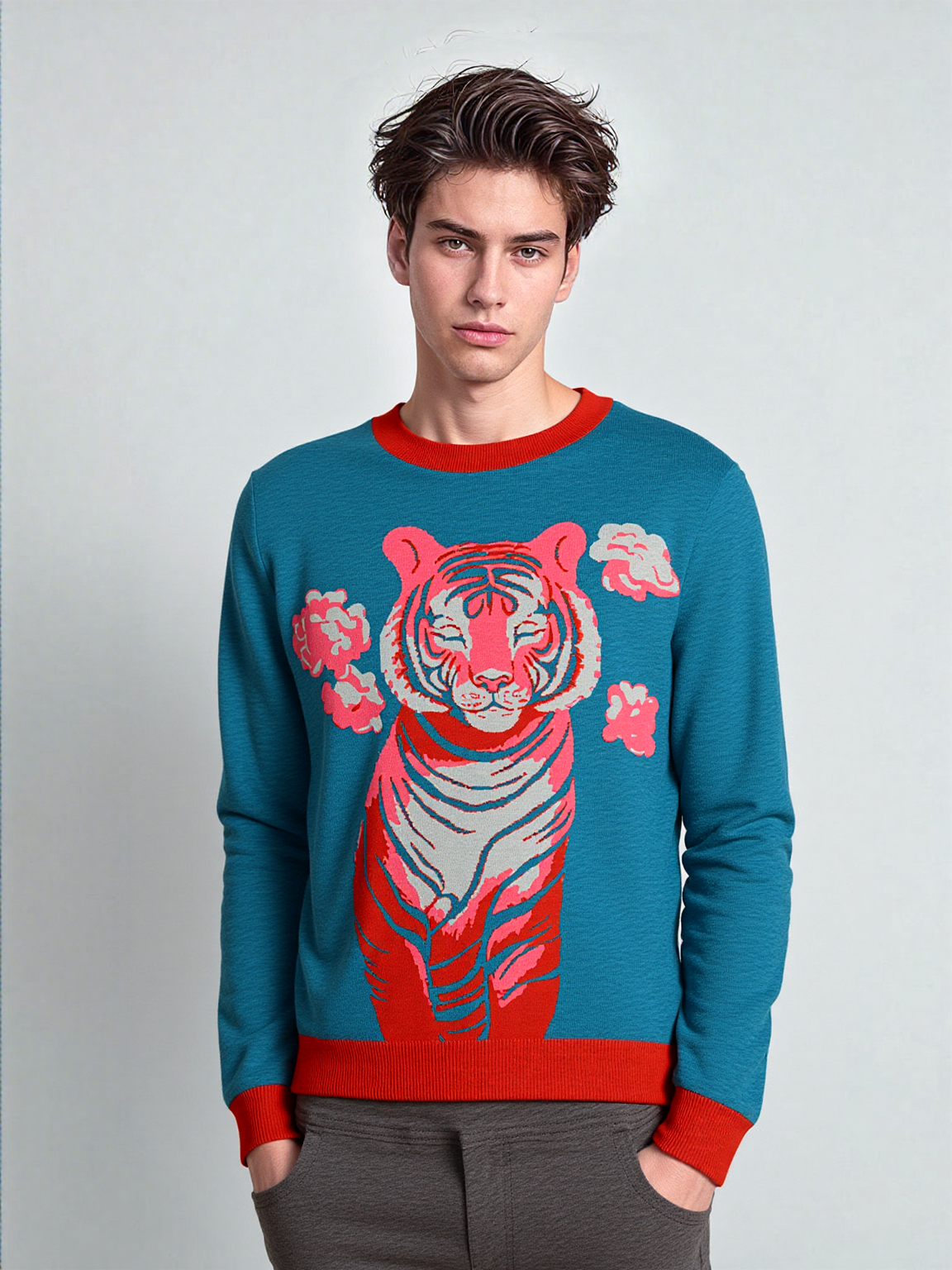 Man wearing a blue sweater with a red tiger design on a gray background