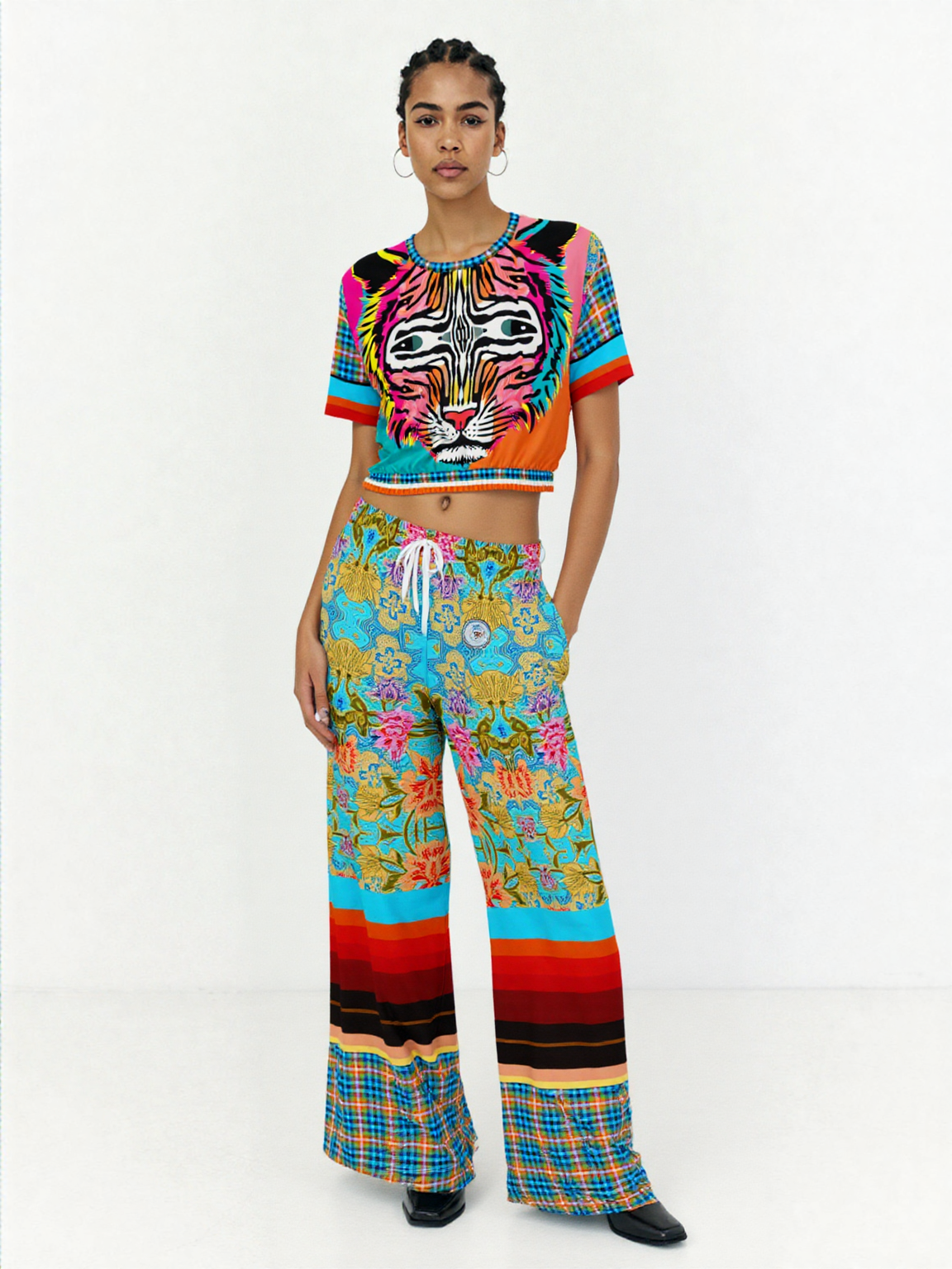 Tiger in Colorful Carnivale Rugby Stripe Eco-Poly Wide Leg Pants